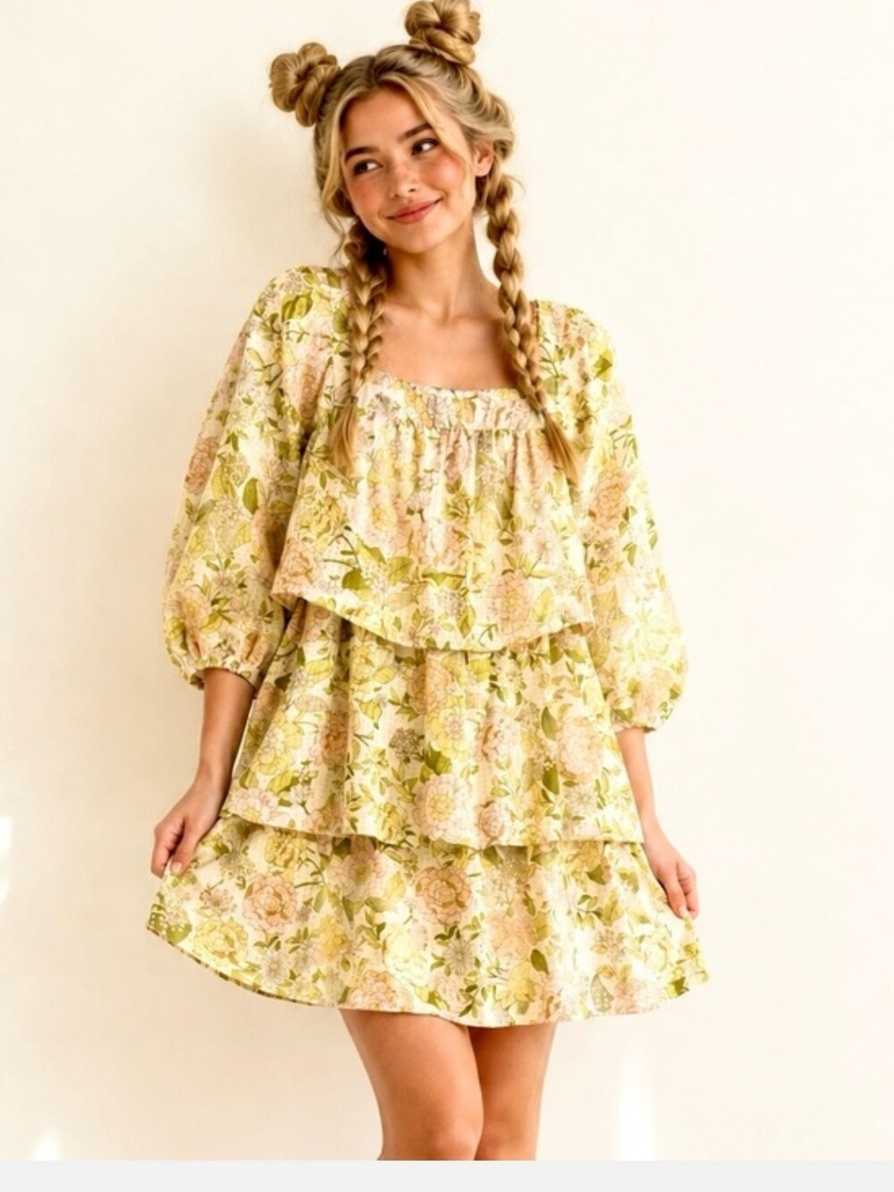 NWT Who What Wear Floral Tiered Puff-Sleeve Dress in Cream and Green